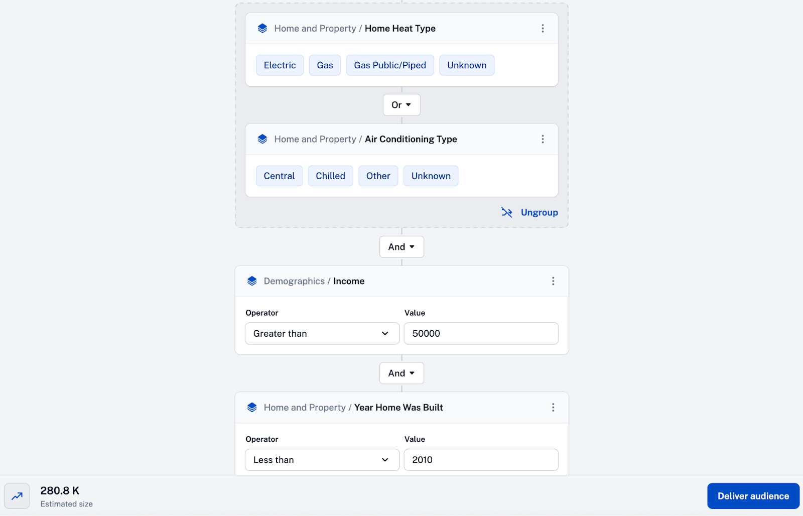 DeepSync Audience Builder showing home age targeting filters for Meta Ads &mdash; Year Home Was Built before 2010, Air Conditioning Type Central, Home Heat Type Gas or Electric, and Income above $50K