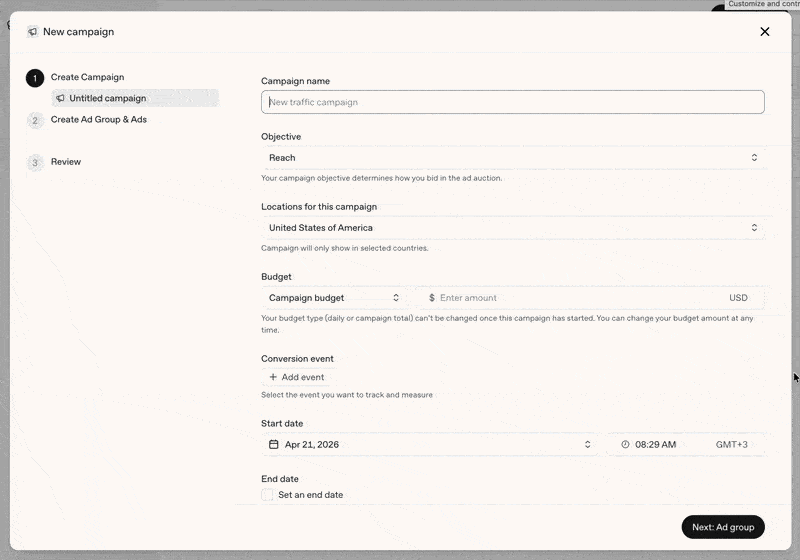 ChatGPT Ads Manager dashboard interface, screenshots leaked late April 2026